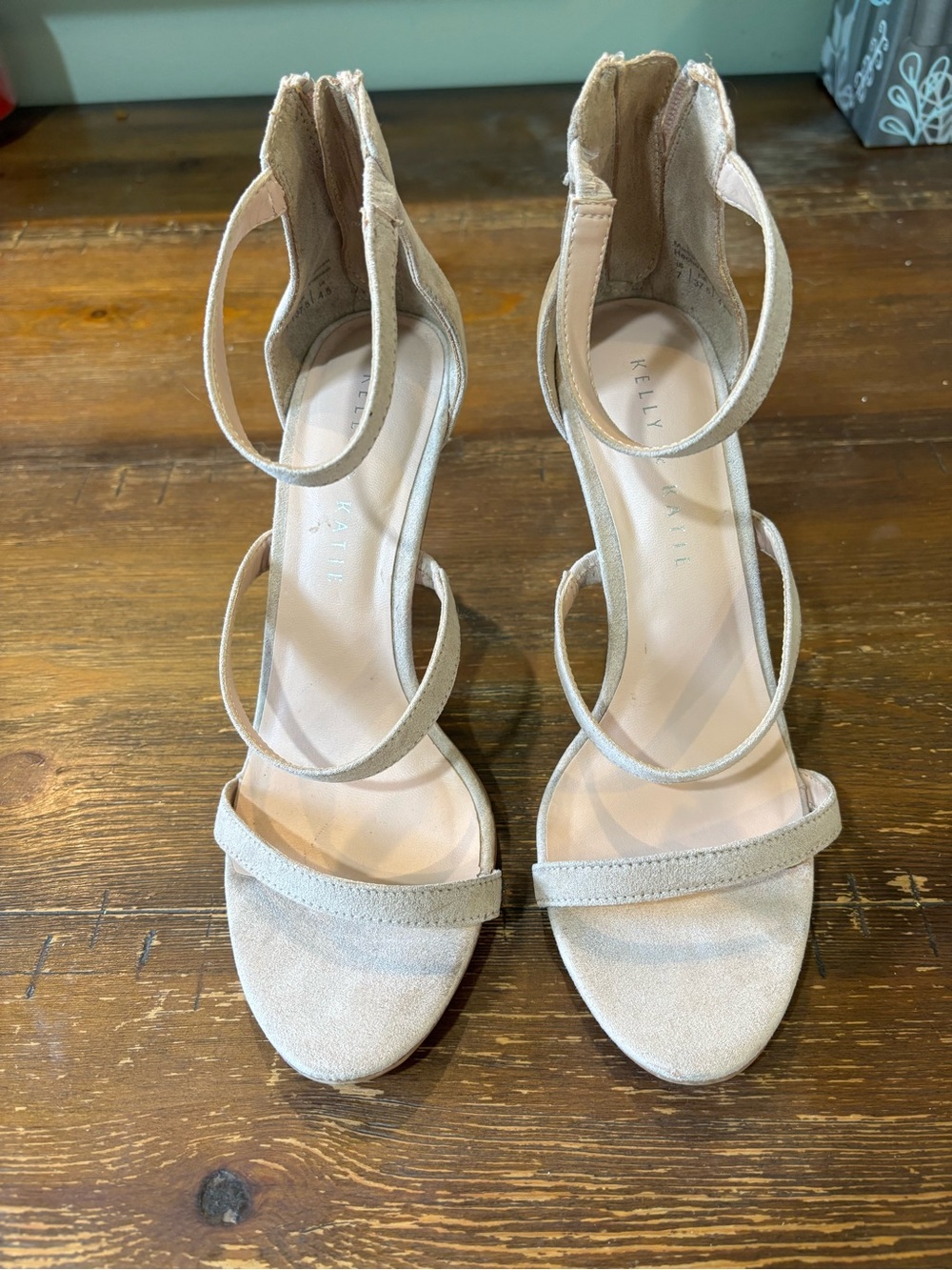Kelly & Katie Beige Suede Triple-Strap Ankle-Heel Sandals
